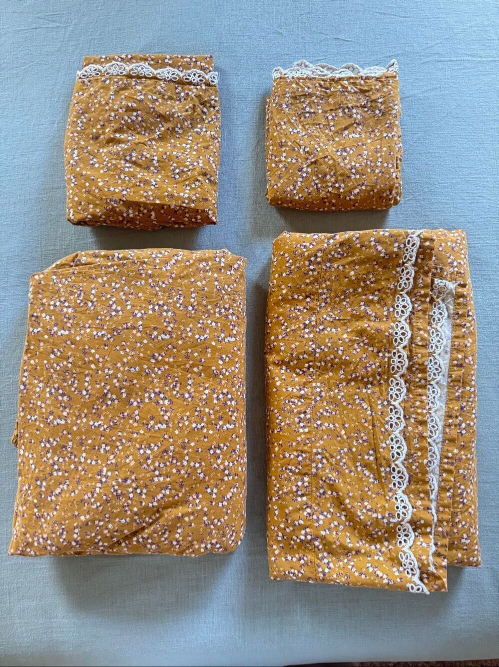 Anthropologie Queen complete set Mender Ditsy mustard floral bedding Rare Discon